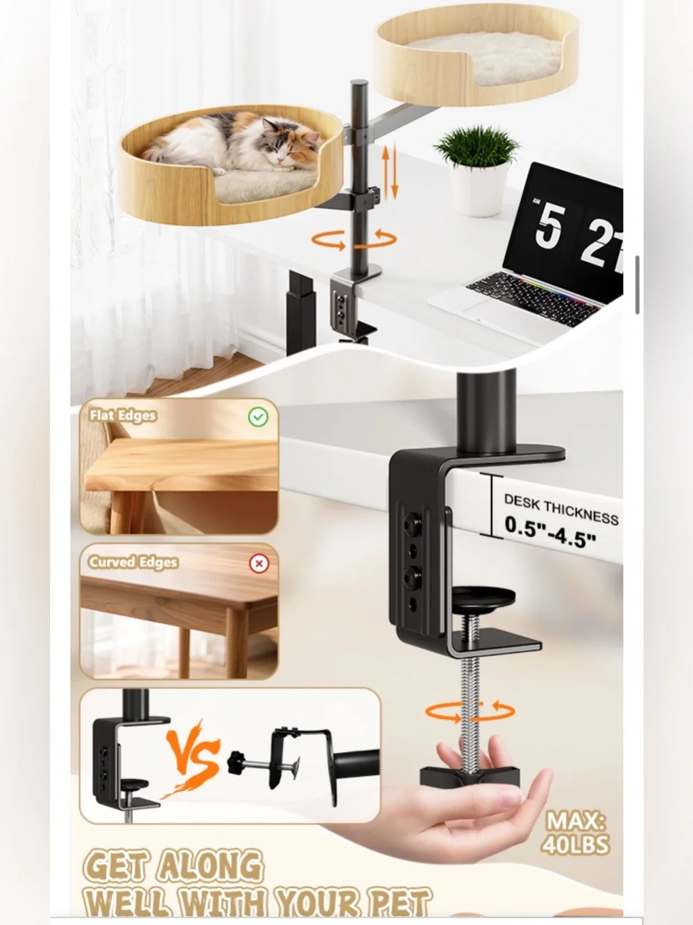Adjustable Cat Perch Desk Mount - Beige